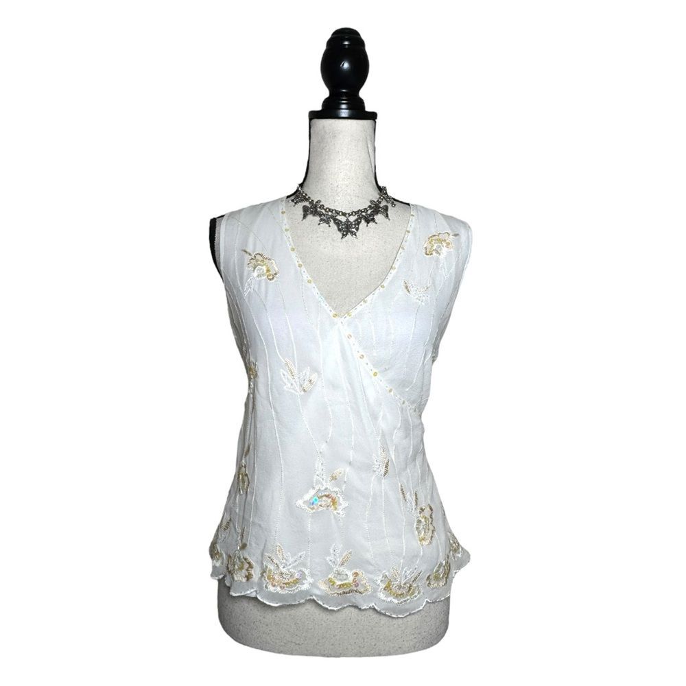 Y2K JPR Separates Sheer White Silk Beaded V Neckline Fairy Blouse Size Medium